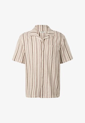 Cămașă cu mânecă scurtă, cu nasturi, cu dungi verticale bej, maro și albe, prevăzută cu buzunar la piept și guler tip camp.