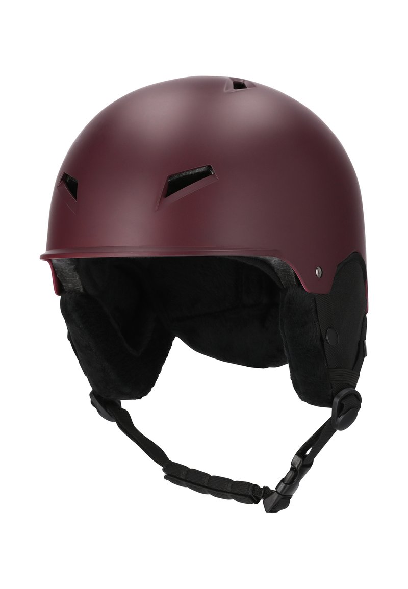 Casque de ski bordeaux avec une finition mate. Comprend des aérations, un revêtement noir doux et une sangle réglable pour un ajustement sécurisé.