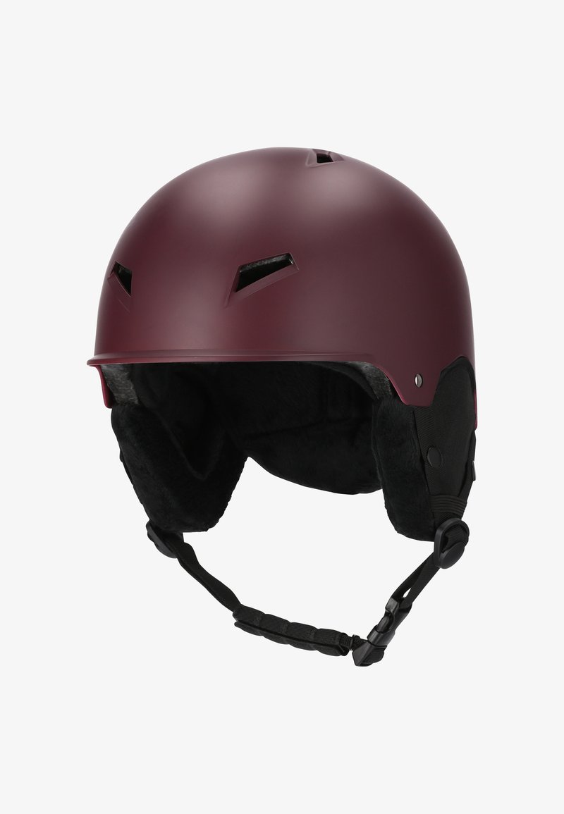 Burgunderfarvet skihjelm med mat finish. Har ventilationsåbninger, blødt sort for og justerbar hagerem for en sikker pasform.