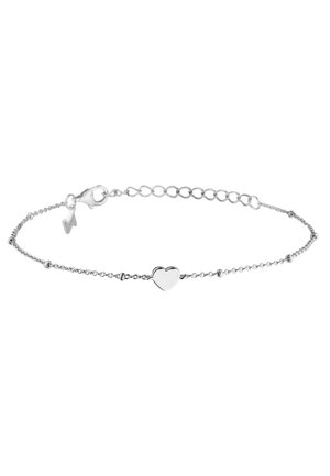Silver bracelet featuring a delicate chain with small round beads and a heart-shaped charm as the central detail. Lobster clasp closure.