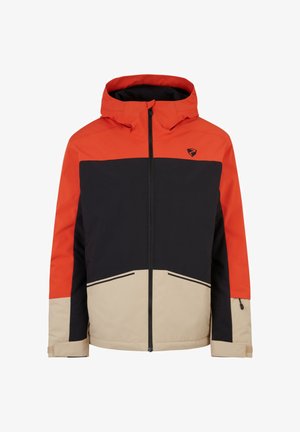 Veste color-block avec une partie supérieure rouge, un milieu noir et une partie inférieure beige. Dotée d'une capuche, d'une fermeture éclair et de poignets ajustables.