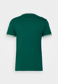 Green cotton t-shirt featuring a round neck, short sleeves, and contrasting light gray accents on the collar and sleeve hems.