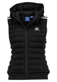 Black padded vest with a high collar, full zipper, front pockets, and Adidas logo. Features white striped accents on shoulders.
