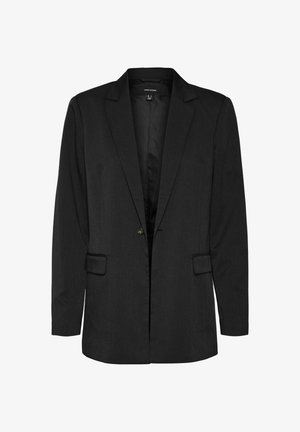 Svart blazer med en enkelt knapp, notched slag, to frontlommer og en glatt tekstur. Klassisk design som passer for forskjellige anledninger.