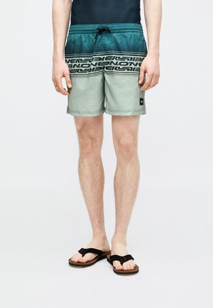 Homme debout portant un short de bain à dégradé vert et bleu avec un logo noir imprimé et des sandales noires sur un fond clair.