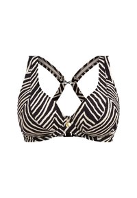 Black and cream zebra print bra with a deep neckline, adjustable straps, and a gold accent detail at the front. Stretch fabric.