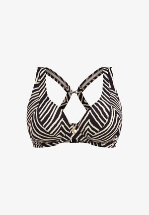 Podprsenka se zebrovaným vzorem v černé a krémové barvě, hlubokým výstřihem, nastavitelnými ramínky a zlatým akcentem na přední straně. Stretchový materiál.