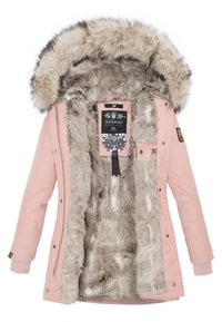 Pink outerwear jacket with a faux fur-lined hood and interior. Features a smooth outer texture and a label on the inner lining. Fastens with snaps.