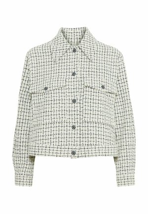 Bílý a námořnický tweedový sako s límcem, dvěma předními kapsami a knoflíkovým zapínáním. Zkrácená délka a texturovaná tkanina.