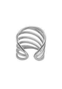 Zilveren metalen ring met een spiraalontwerp, met meerdere open banden die een draai-effect creëren. Gladde textuur en gepolijste afwerking.