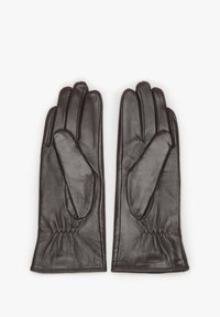 Czarne skórzane rękawiczki o gładkiej fakturze, posiadające pięć palców, elastyczny mankiet oraz dopasowany krój zapewniający ciepło.