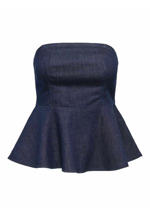 Czarna d�żinsowa bezramiączkowa bluzka peplum z dopasowanym fasonem i rozkloszowanym dołem. Gładka tekstura z perfekcyjnym przeszyciem. Brak widocznych elementów sprzętu.