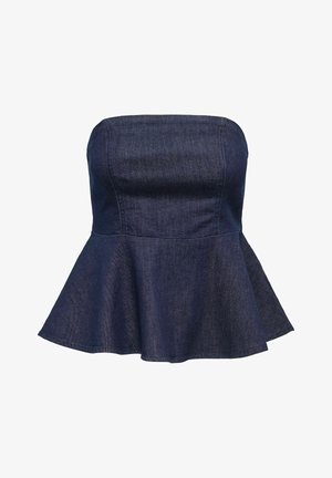 Tamna traper košulja bez naramenica s peplum krojem koji se sužava u struku i širi na donjem rubu. Glatka tekstura s urednim šavovima. Bez vidljivih metalnih dijelova.