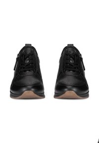 Black leather sneakers with textured finish, round toe, lace-up front, side zippers, and a rubber sole with a tan accent.