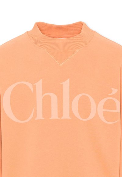 Bluza w kolorze brzoskwiniowym z prążkowanym, wysokim kołnierzem typu mock neck oraz dużym, jasnoróżowym logo "Chloé" na piersi.