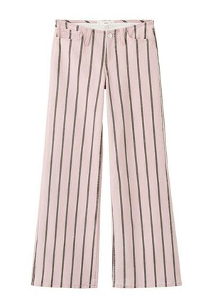 Pantalon large rose clair avec des rayures verticales marron foncé, bouton à l'avant, fermeture éclair et design à cinq poches.