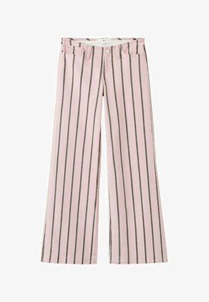 Svetloružové široké nohavice s vertikálnymi tmavohnedými pruhmi, predným gombíkom, zipsom a dizajnom s piatimi vreckami.