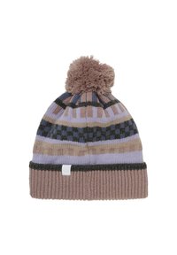 Stickad beanie-hatt i rosa, lavendel och mörkgrön. Har en pom-pom på toppen och en ribbad mudd med ett litet logotags.