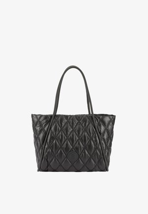 Borsa a spalla nera trapuntata con due manici lunghi, realizzata in un materiale lucido e morbido con un dettaglio logo circolare sul davanti.
