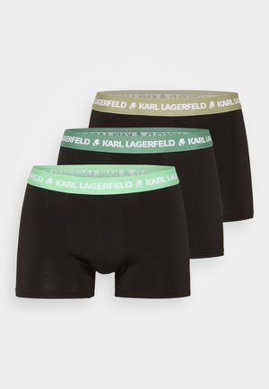 Trei perechi de boxeri negri cu benzi de talie contrastante în verde deschis, verde măsliniu și gri, având logo-ul "KARL LAGERFELD".