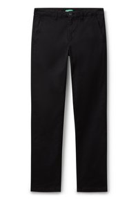 Pantalons noirs en tissu lisse, avec une coupe droite, deux poches avant et une fermeture à bouton unique à la taille.