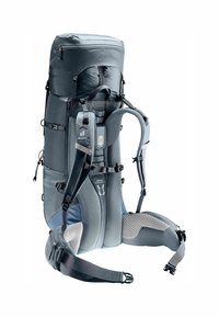 Gray hiking backpack with a structured design, padded mesh back, adjustable straps, and multiple pockets, including a zippered top compartment.