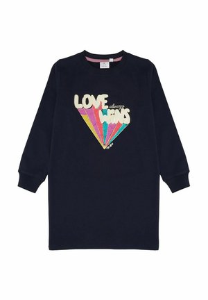 Robe bleu marine à manches longues en tissu doux, arborant un graphique coloré en forme de diamant avec le texte « L'AMOUR gagne toujours » en lettres grasses.