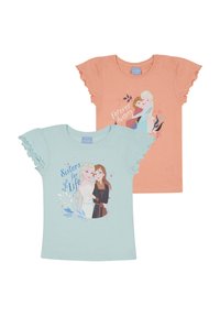 Dwie koszulki z krótkim rękawem: jedna jasnoniebieska z grafiką "Sisters for Life" i jedna koralowa z tekstem "Forever Sisters". Falbany na rękawach, miękka tkanina.