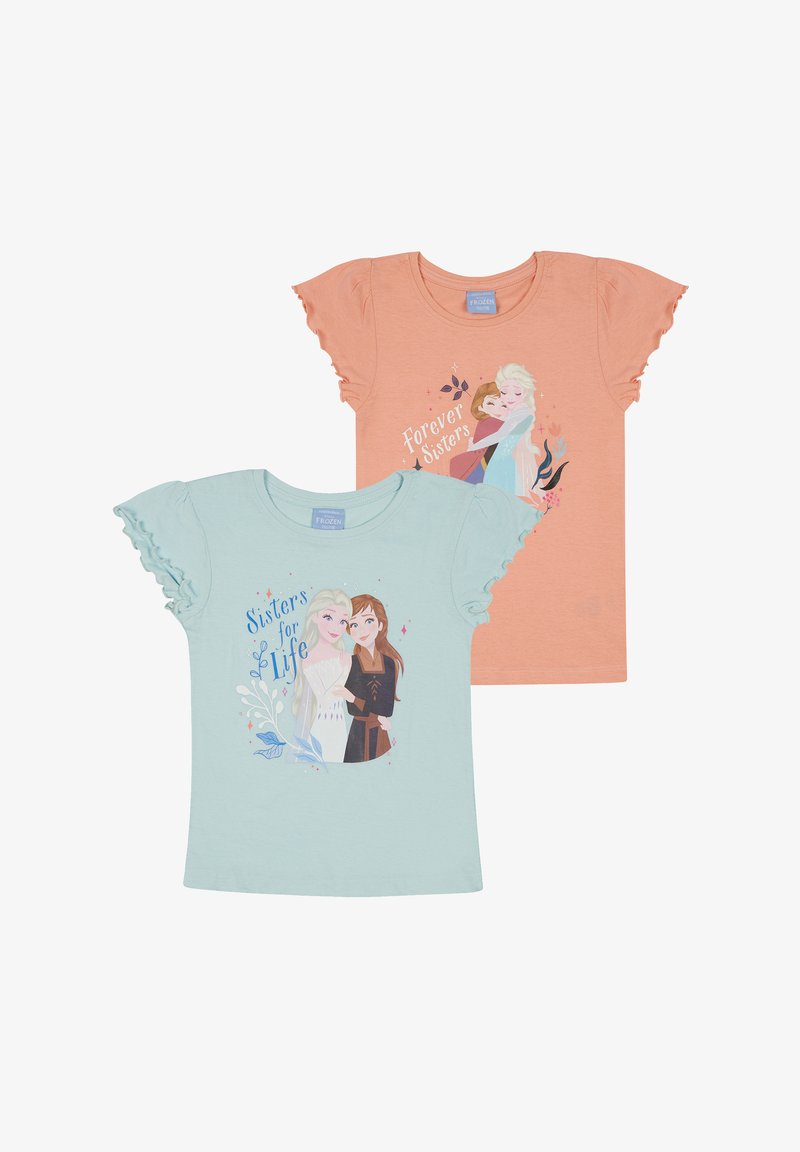 Dwie koszulki z krótkim rękawem: jedna jasnoniebieska z grafiką "Sisters for Life" i jedna koralowa z tekstem "Forever Sisters". Falbany na rękawach, miękka tkanina.