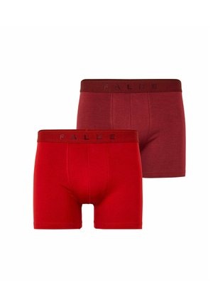 Zwei Paar Herrenboxershorts in einfarbigem Rot und Dunkelrot mit passenden elastischen Taillenbändern, gebrandet mit dem Namen Falke.