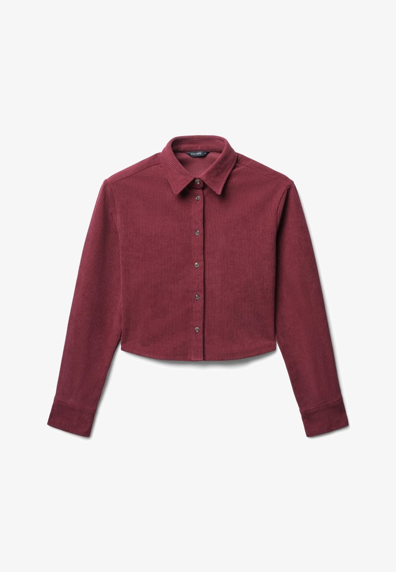 Camicia cropped di velluto a coste color marrone con chiusura a bottoni, colletto e maniche lunghe. Presenta una texture a coste molto evidente e bottoni metallici.