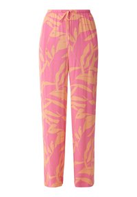 Roze broek met een geel bladerenpatroon, gemaakt van een lichte stof. Ze hebben een tailleband met trekkoord en taps toelopende benen.