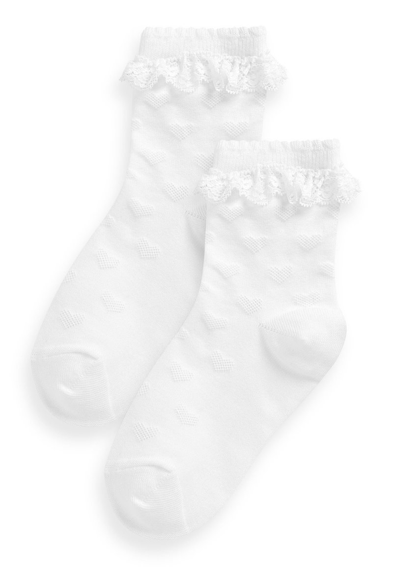 Calzini bianchi alla caviglia con un motivo a cuori texturizzato e una ruffle in pizzo nella parte superiore. Realizzati in materiale morbido e leggero.