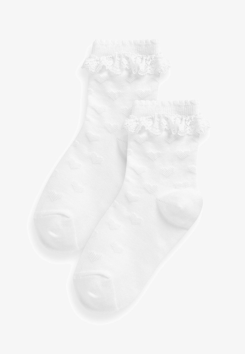 Weiße Knöchelsocken mit einem strukturierten Herzmuster und einem Spitzenrand am oberen Ende. Hergestellt aus weichem, leichtem Material.