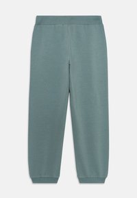 Pantaloni jogger verde-grigio chiaro realizzati in materiale morbido, con cintura elastica e polsini svasati. Design semplice senza fantasie.