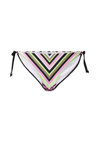 Bikini bottom with a multicolored chevron pattern in pink, green, black, and brown. Features adjustable side ties and a white interior.