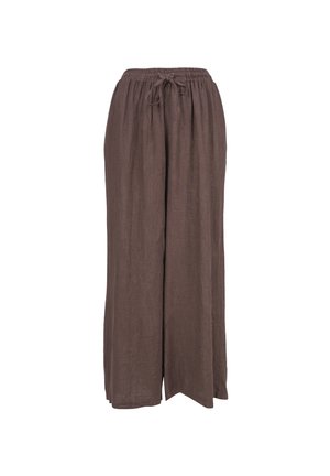 Pantalon large marron avec ceinture élastique et cordon de serrage, fabriqué en tissu léger et texturé.