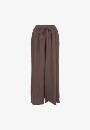 Pantalon large marron avec ceinture élastique et cordon de serrage, fabriqué en tissu léger et texturé.