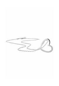 Collar de plata con un colgante en forma de corazón, con un diseño liso y adornado con piedras claras a lo largo de un lado.