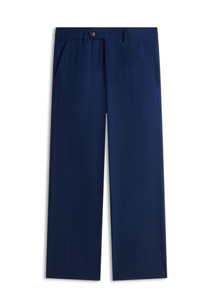 Pantalon droit bleu marine avec bouton frontal, passants pour ceinture, poches latérales et finition en tissu lisse.