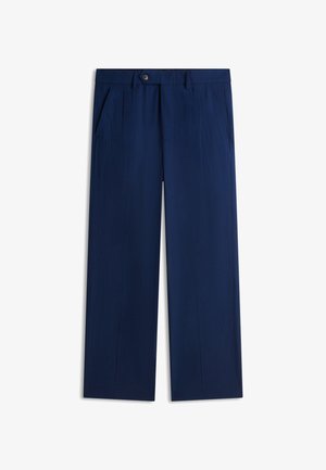 Pantaloni bleumarin cu talie dreaptă, nasture frontal, buzunare laterale, bucle pentru curea și o textură fină a materialului.