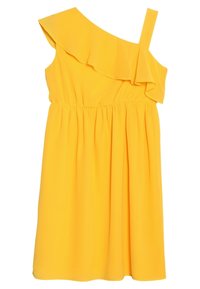 Żółta sukienka bez rękawów z jednym ramiączkiem i falbaniastym, asymetrycznym dekoltem, marszczoną talią, sięgająca do kolan.
