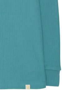 Turquoise geribbelde lange mouwen shirt met een rechte snit, met een label dicht bij de zoom en mouwen met omslagen. Zachte textuur en lichtgewicht stof.