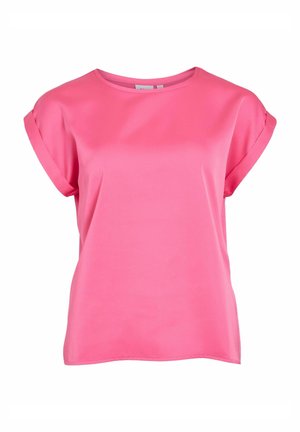 Roze blouse met korte mouwen, gemaakt van gladde stof, met een ronde halslijn en omgeslagen mouwen. Lichtgewicht met een losse pasvorm, ideaal voor casual dragen.