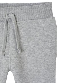 Graue Baumwoll-Sweatpants mit einem gerippten Bund, Kordelzug und glatter Textur. Keine sichtbaren Muster oder Akzente.