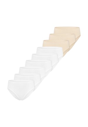 Zestaw dziesięciu damskich bezszwowych majtek w kolorach białym i beżowym, ułożonych w dwóch diagonalnych rzędach, po pięć w każdym kolorze.