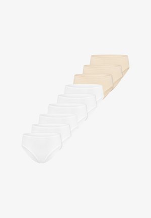 Set aus zehn nahtlosen Damenslips in Weiß und Beige, angeordnet in zwei diagonalen Reihen mit jeweils fünf Stück pro Farbe.