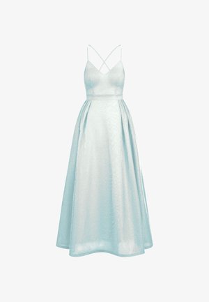 Vaaleansininen A-linjainen mekko, jossa on istuva yläosa, ohut olkaimet ja liehuva hame. Kankaan pinta säihkee ja pehmeä.