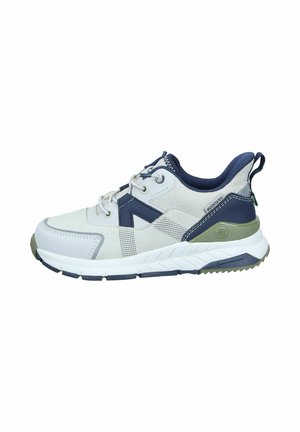 Light gray sneaker with navy and olive accents; textile mesh upper, padded collar, and rubber sole with textured tread for grip.