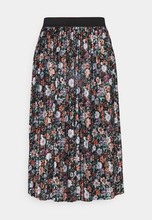 Black floral midi skirt with pleated design, featuring multicolored flowers in orange, purple, and green against a dark background. Elastic waistband.